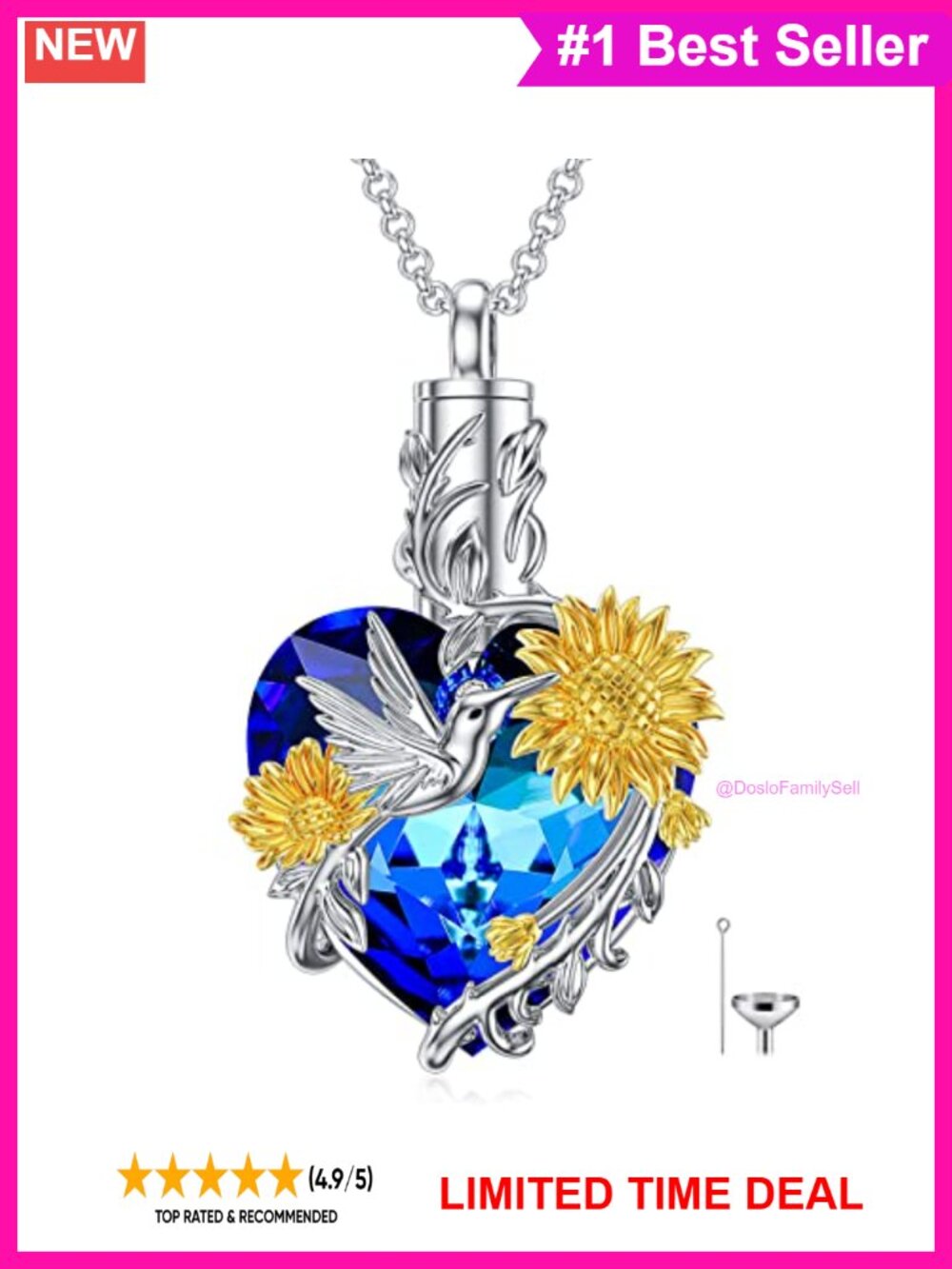925 Sterling Silver Urn Necklace Hummingbird Crystal Memorial Ash Pendant